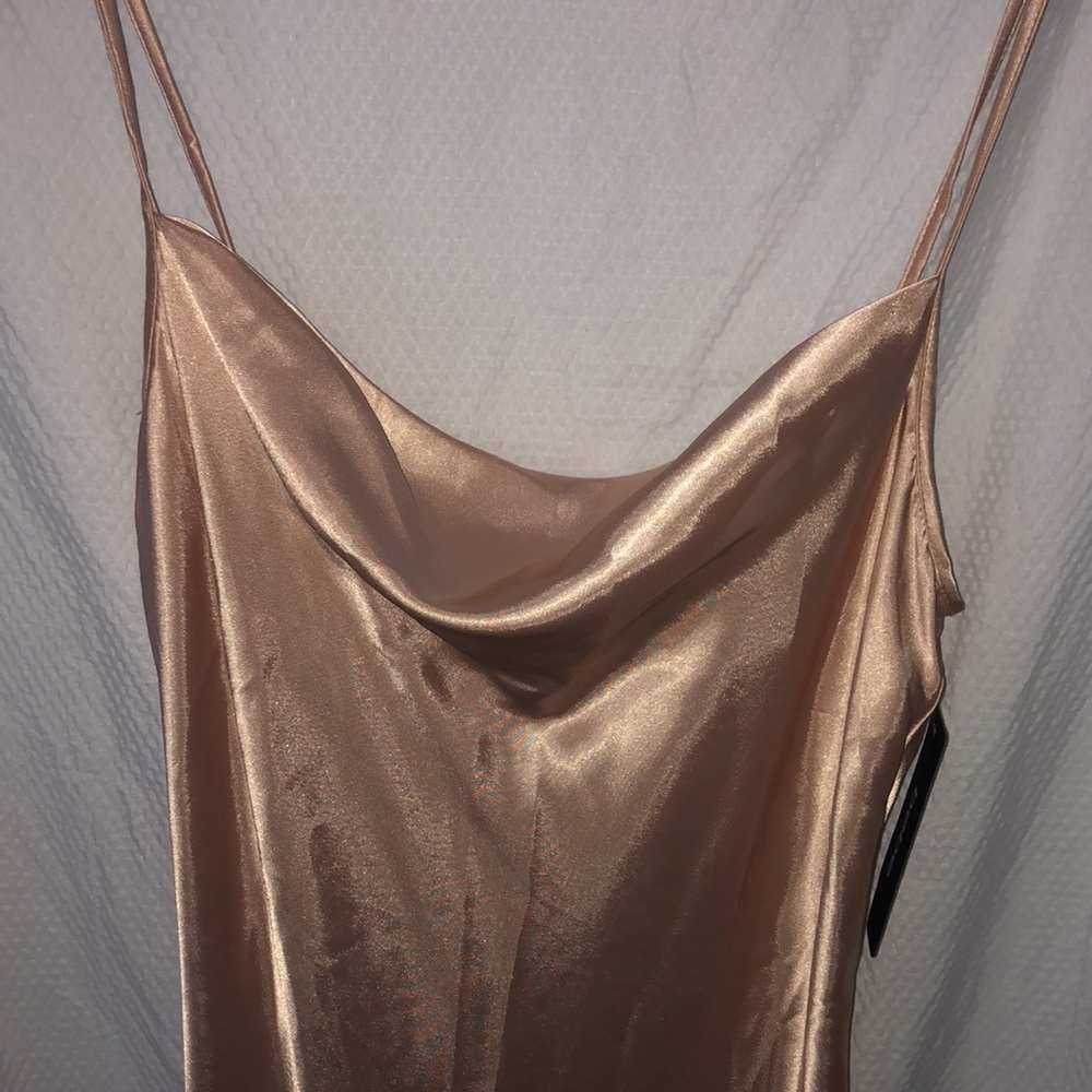 New W/Tags Bebe Taupe Spaghetti Strap Satin Slip Dress Size Medium - Picture 4 of 8